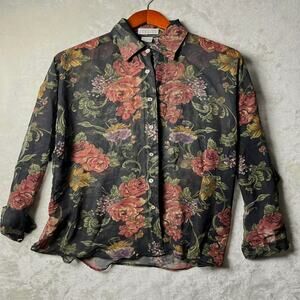 VTG 90's Express Sheer Floral Abalone Button Blouse Women's M Black Purple Top